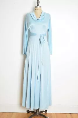 Vintage 70s Dress Light Blue Draped Cowl Disco Prom Dress Long Maxi S Belted • $52
