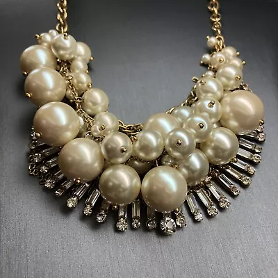 J. CREW Pearl Gold Tone Cluster Cascade Bib Bead Rhinestone Necklace Statement • $79.99