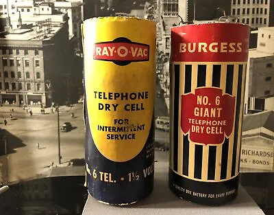 Pair Vintage Giant Ray-O-Vac & Burgess Telephone Dry Cell Batteries/ Nice Color • $70.73