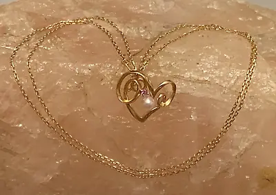 LA PELLE 18K Rose Gold Pearl Pink Sapphire Looping Heart Pendant 18  Necklace • $334.99