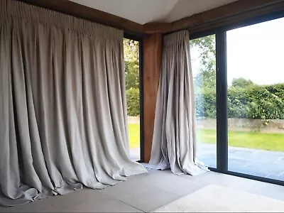 BEST Quality 100% Linen Blackout Thermal PALE Grey 2.75m LONG 2.05mWide CURTAINS • £285