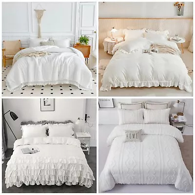 White Texture Ruffled Duvet Doona Quilt Cover Set Queen King Size Bed Pillowcase • $43.99