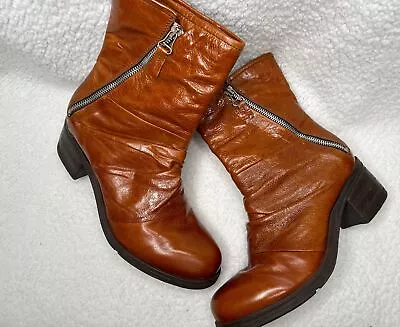 Miz Mooz  Shannon  Brown Crunch Leather Zip Mid Calf Heeled  Boots 41  US 9.5-10 • $39.85