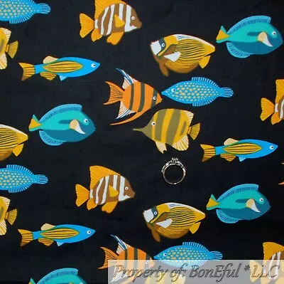 BonEful FABRIC Cotton Quilt Black Orange White Fish Under Water Scene Boy SCRAP • $0.65