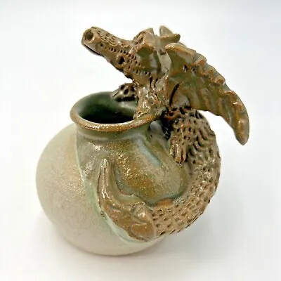 Rare Vintage Lands End Studio Pottery Ceramic Bud Vase W/dragon Green 3 X 3   • $9.99