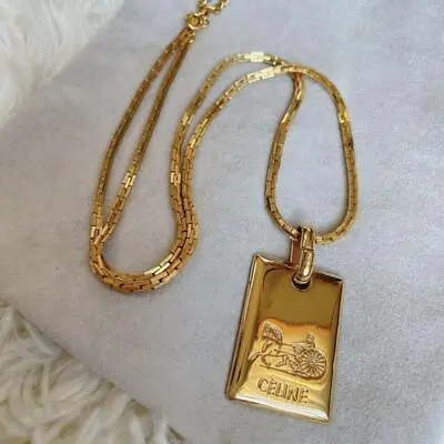 CELINE Necklace Logo Plate Gold Dog Tag • $187.95