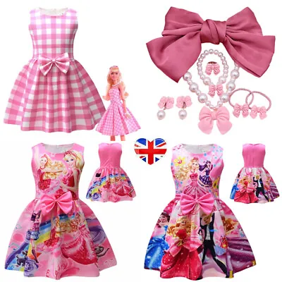 Kids Girls Barbie Costume Bowknot Skirt Princess Party Fancy Dress Skater Dress • £10.92