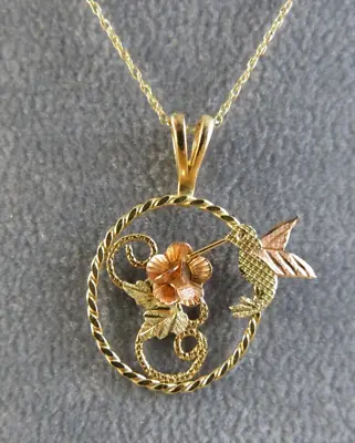 10k Tri-Color Gold Pendant 18  Chain Necklace Hummingbird Flower Circle #1154 • $279.95