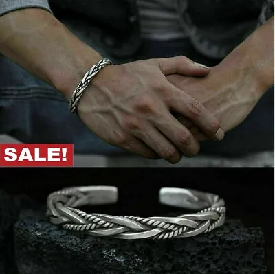 Men Thai Handmade Vintage Open Bangle Twisted Cuff Bracelet 925 Sterling Silver • $7.99