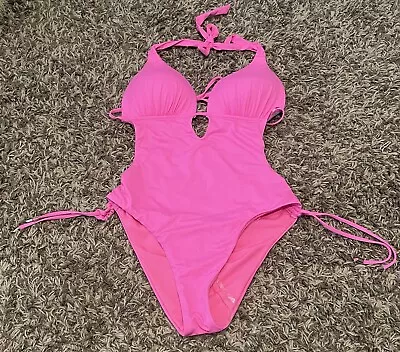 Bar III 1 Piece Cutout Halter Plunging Monokini Swimsuit Bright Pink NWOT Small • $39.99