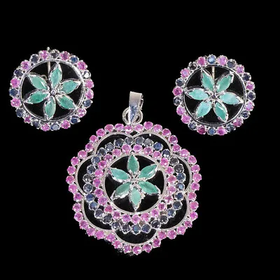 $249.50 • Buy Natural Emerald Ruby Sapphire Pendant Earrings Stunning Set 925 Sterling Silver