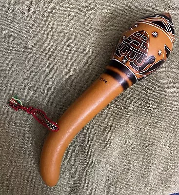 Gourd Maraca Hand Carved + Painted Turtle + Tree Images 10” Long REP. DOM. • $11