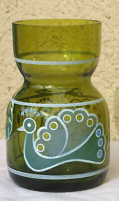 £47.60 • Buy Vase Glas GDR Table Flower Art Hand Painted Tree Peacock Bird 60er 70er Green