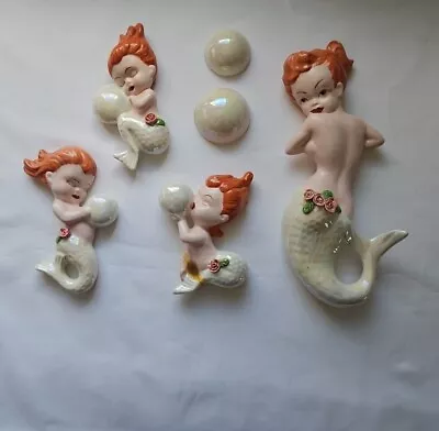 Vintage 4 Ceramic Mermaids With 2 Bubbles Red Hair Iridescent By Vivian • $190