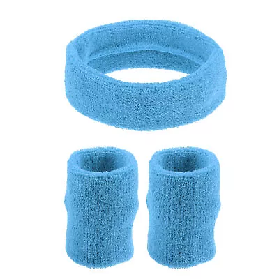 3 Pcs Sport Headband Wristband Stretchy Cotton Blend Sweat Absorbing Sky Blue • $11.12