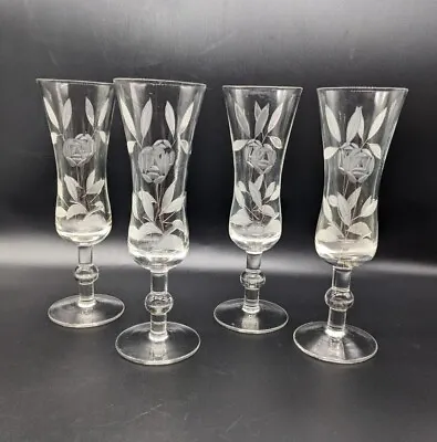 $32 • Buy Set Of 4 Vintage Etched Glass Champagne Flutes/Bar Glasses Floral Rose Leaves 
