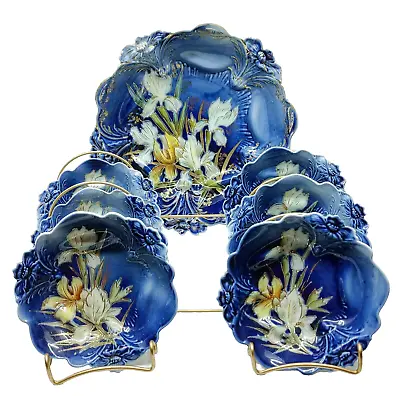 R.S. Prussia Lily Mold Cobalt Berry Set With Stylized Iris Decor- 6 Berry Bowls • $400