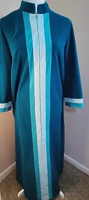 Vtg Vanity Fair Women's Zip Up Velvet Stripe Housecoat Robe Teal Blue White 14 • $29