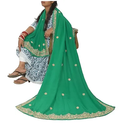 Sanskriti Vintage Long Green Dupatta/Stole Pure Crepe Silk Hand Embroidered Veil • $64.99