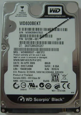$14.95 • Buy WD800BEKT 80GB 7200rpm SATA II 2.5  9.5mm Hard Drive Tested Good Our Drives Work