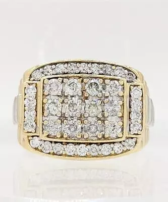 10K 2-Tone Gold 13.1g Mens Diamond Cluster Door Knocker Tiered Ribbed Ring Sz-9 • $1351.20