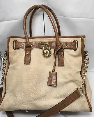 Michael Kors Hamilton Natural Canvas Whiskey Brown Leather Tote Shoulder Handbag • $49.95