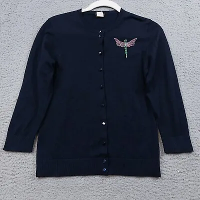 J Crew Cardigan Women's Size M Blue Beaded Dragonfly 100% Wool Sweater Vintage • $24.99
