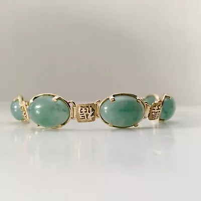 Ming's 14k Natural Icy Cabochon Pale Green Jadeite Jade And Chinese Symbol Gold • $2399