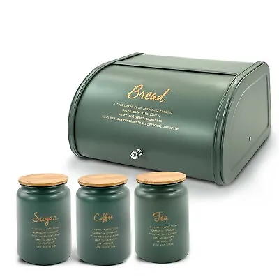 4PCs Metal Bread Bin Storage Box Canister Set Fitting Lid Tea Coffee Sugar Jar • £18.85