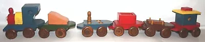 Vintage Hand Made Wood Wooden Train Toy Pull Train Set Of Engine + 5-cars 50th • $34.95