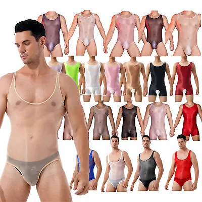 Men's Shiny Glossy Underwear See-through Leotard Bodystocking Tank Top Bodysuit • £7.19