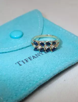 Vintage Tiffany & Co 14K Marquise Blue Sapphire & Diamond Ring Size 6 • $895