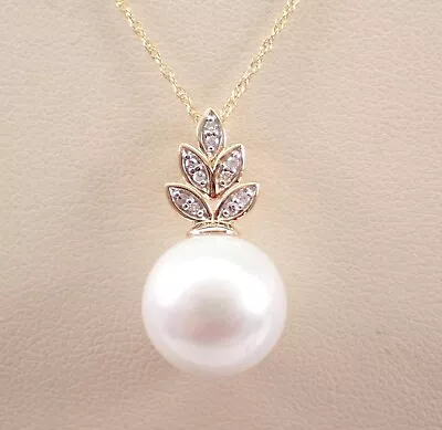 14K Yellow Gold Pearl And Diamond Charm Pendant Choker Necklace Chain • $489