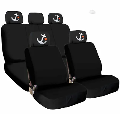 For VW New Car Truck Seat Covers Navy Anchor Headrest Black Fabric • $38.92