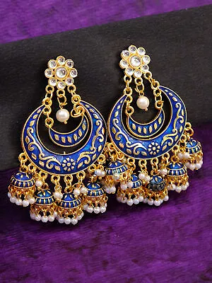 Indian Bollywood Earrings Traditional Wedding Gold Plated Meenakari Chandbalis • $14.99