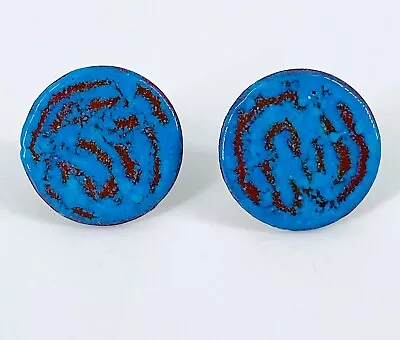 Vintage Copper And Enamel Screwback Earrings Round Blue .75 Inches • $17.22