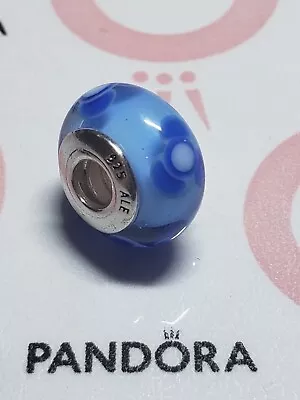 Genuine Pandora Silver Blue With Flowers Murano Glass Bead Charm 925 ALE • £17