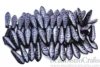 25pcs Czech Glass LASER Etched Dagger Beads - Opaque Jet Black FROSTED Peacock • $6.95