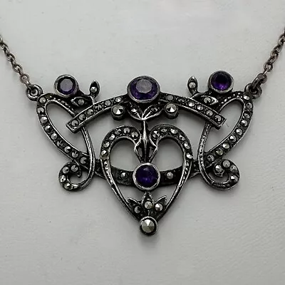 Vintage Art Nouveau Revival Sterling Silver Marcasite Amethyst Pendant Necklace • $32