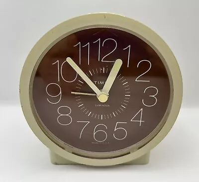 Timex 5601 Wind Up Round Tabletop/Bedside Alarm Clock Tan (WORKS) Vintage • $20