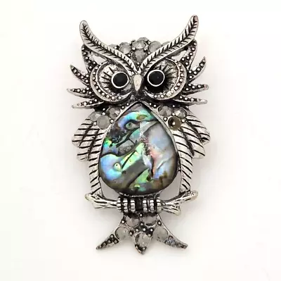 Owl Pendant Abalone Marcasite Silver Tone 2  Tall 2000s Fashion Jewelry No Chain • $16.49