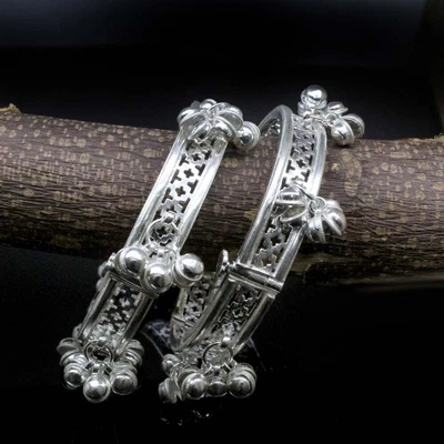 £157.43 • Buy Indian Real Silver Women Bangles With Jingle Bells Ladies Openable Gajre 6.4 CM