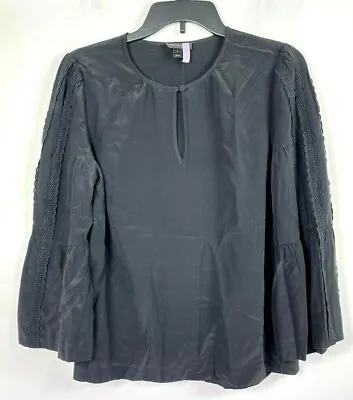 J. Crew Womens Embroidered Bell Sleeve Key Hole Neck Blouse Black 100% Silk Sz 2 • $21.83