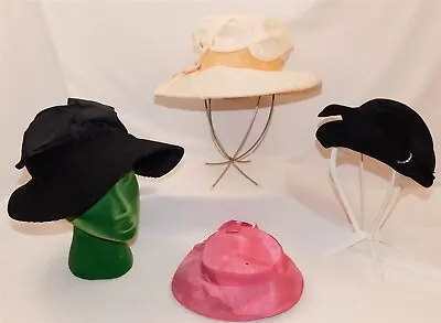 Vtg Womens Hat LOT Millinery 4 Pc Wool Felt Wide Brim Black Pink Peach Derniere • $74.95