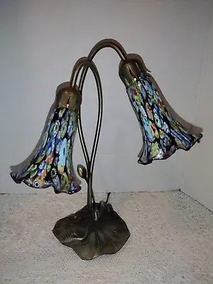 Murano Millefiori Hand Blown Art Glass Tulips Tiffany Style Pewter Lily Pad Lamp • $1299
