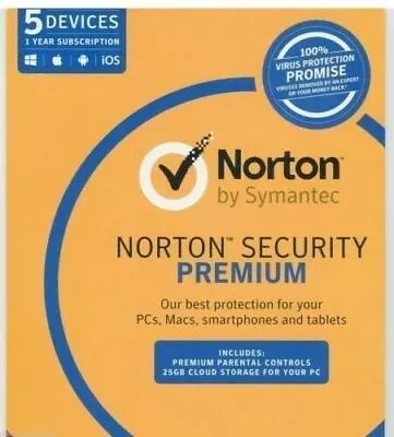 Norton Symantec Security Premium 5 Device PC 1 Year 2024 - 2025 E License • $39.45