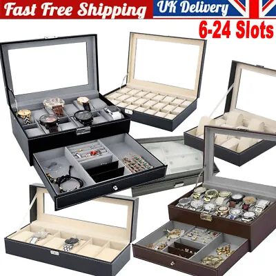 £26.97 • Buy 6-24 Grids Watch Storage Case Display Box Jewelry Organizer Holder Leather Glass