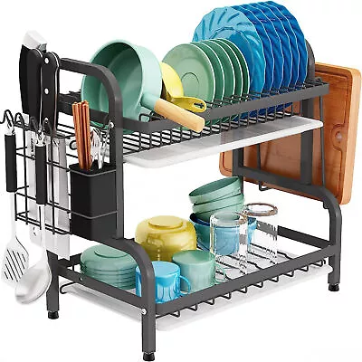 2 Tier Dish Drainer Rack With Drip Tray Kitchen Drying Rack Bowl Plate Holder UK • $15.99