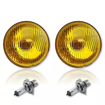 5-3/4  Halogen Stock Amber Yellow Glass Headlight Fog Light H4 60W Bulbs Pair • $59.95