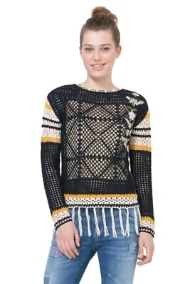 Desigual Sz M Or 10 Sonia Fringed Crochet Jumper Style 71J2WN6 Navy Yellow White • $45